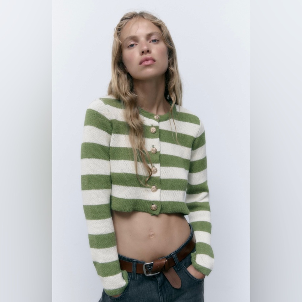 Zara Green & White Striped Sweater w Gold Buttons • New with tags • Size small